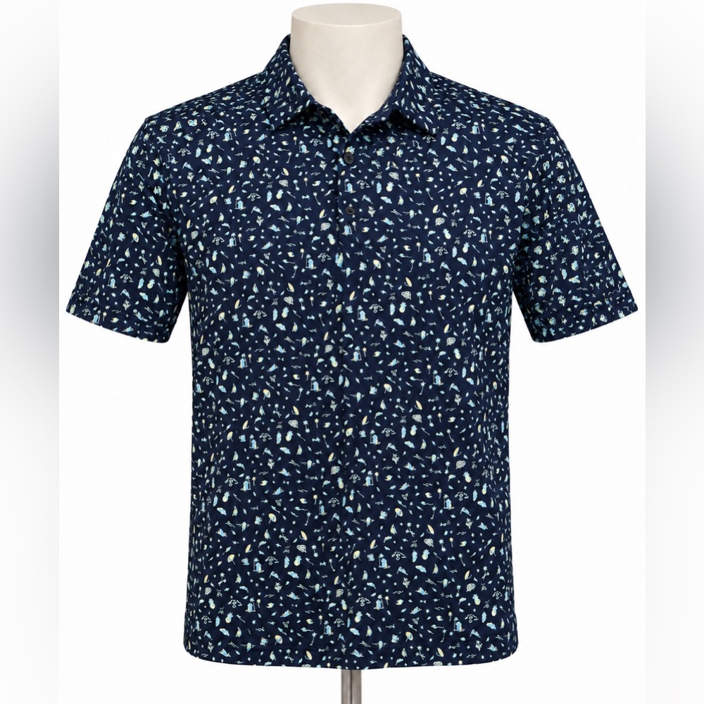 Nicklaus EcoChoice Golf Polo Shirt – Navy Blue Tropical Print – Men’s Size Large